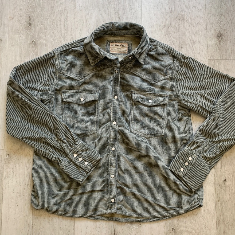 We The Free Free People Blue Striped Corduroy Western Snap Button Shirt Small
